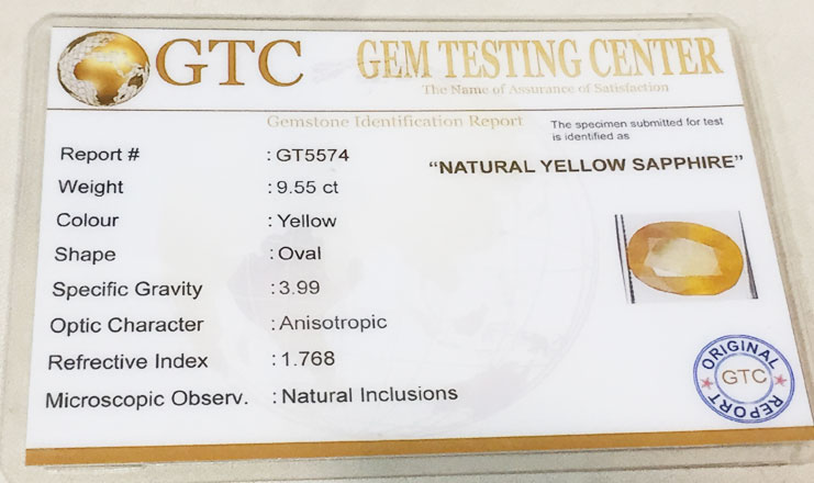 9.55 ct/10.50 ratti Natural Certified Bangkok Pukhraj/Yellow Sapphire